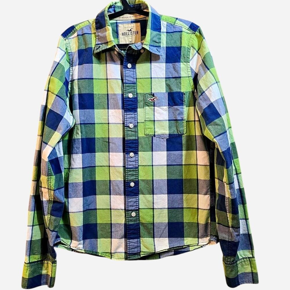 Hollister Men's Blue and Green Plaid Button-Up Shirt